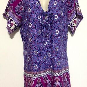 Boutique extra large romper, V neck, purple blue floral paisley double bow tie